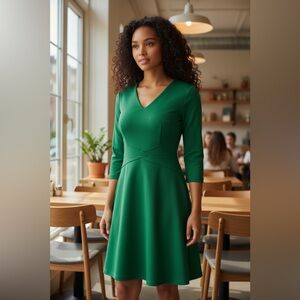 Elegant Vfshow Green V-Neck Midi Dress
